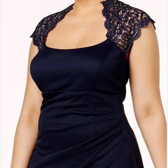 X by Xscape Stand-collar Illusion Back Gown Evening Women 14 Navy Built in Bra - Picture 3 of 12